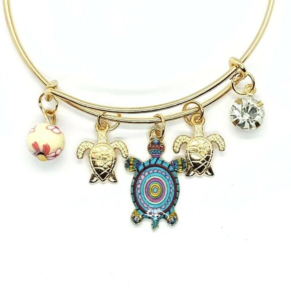 Beaded Sea Turtle Charm Colorful Bangle Bracelet - Picture 3 of 6